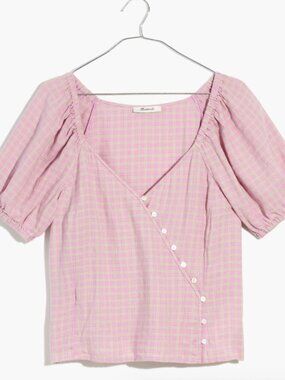 MADEWELL Linen-Blend Puff-Sleeve Button-Wrap Top in Plaid